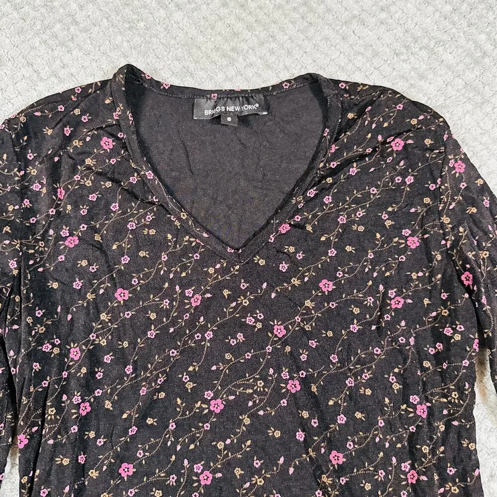 vtg y2k black/pink floral paisley quarter sleeve blouse s briggs ny office siren - Picture 3 of 5